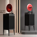 Designer Modern Audio Speakers With Red Horns And Black Cabinet Stands