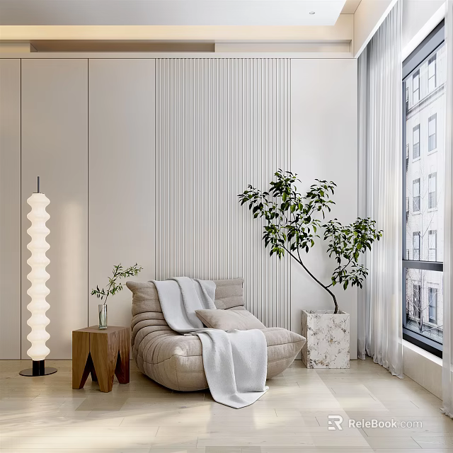 Modern Interior With Lazy Sofa White Blanket Small Wooden Side Table Floor Lamp Green Plant 3d model 