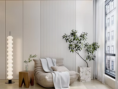 Modern Interior With Lazy Sofa White Blanket Small Wooden Side Table Floor Lamp Green Plant 3d model