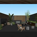 Modern Garden Landscape With Wooden Screen Fireplace Sofa Chairs And Gray Patio Tiles
