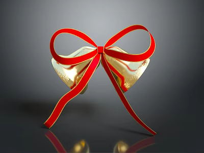 Shiny Golden Bells with Red Bow against Dark Background and Reflection 3d model