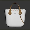 Stylish White Tote Bag with Brown Leather Handles Colorful Triangular Pattern Lining and Leather Charm
