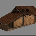 Traditional Wooden Building With Sloped Roof Porch And Carved Wooden Walls