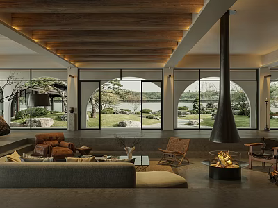 Hotel Public Lounge Area with Wooden Ceiling Large Windows Courtyard Lake View Sofa and Fireplace 3d model