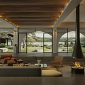 Hotel Public Lounge Area with Wooden Ceiling Large Windows Courtyard Lake View Sofa and Fireplace
