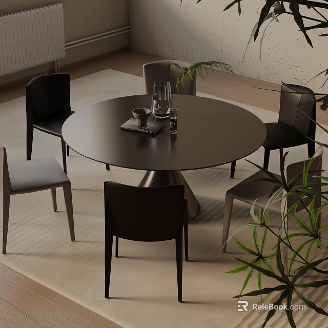Round Modern Dining Table Set With Six Leather Chairs Metal Legs And Plants 3d model 