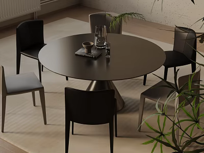 Round Modern Dining Table Set With Six Leather Chairs Metal Legs And Plants 3d model