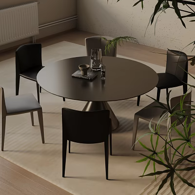 Round Modern Dining Table Set With Six Leather Chairs Metal Legs And Plants 3d model