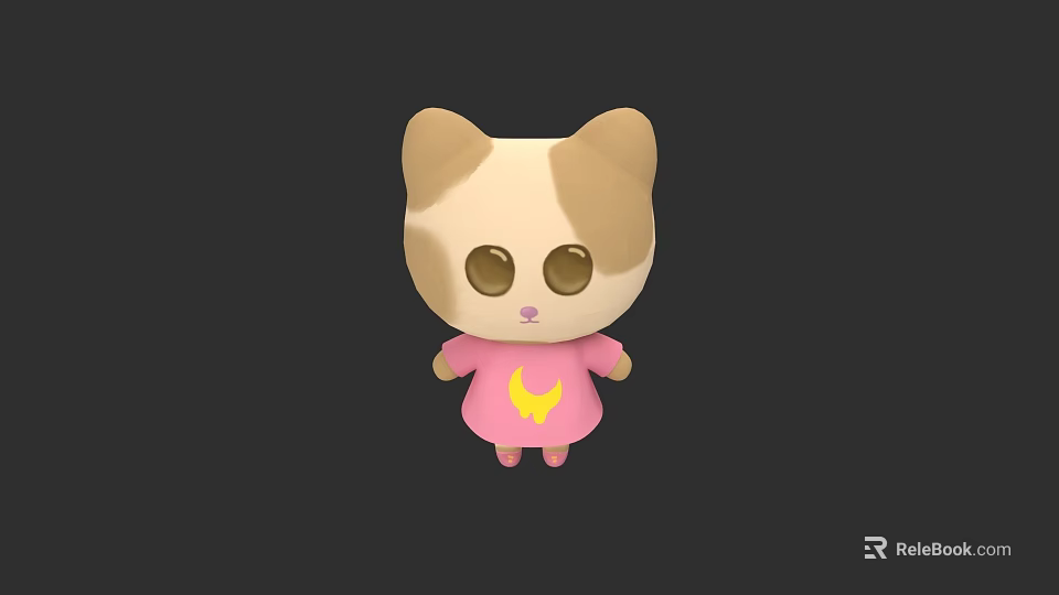 Cute Beige And White Cartoon Cat Wearing Pink Dress With Yellow Moon 3d model 