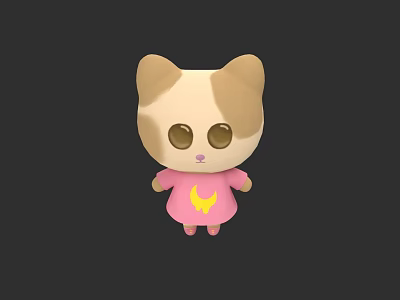 Cute Beige And White Cartoon Cat Wearing Pink Dress With Yellow Moon 3d model