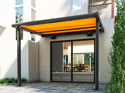 Modern Building Entrance With Orange Awning Black Frame Glass Door And Green Plants 3d model