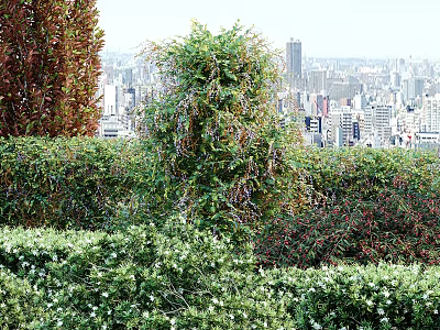 Lush Greenery And Colorful Shrubs With Climbing Vines Against Urban Skyline View 3d model