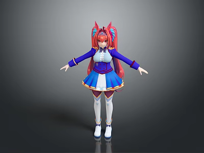 Cartoon Child With Red Hair And Fox Ears In Blue White Dress Arms Outstretched 3d model