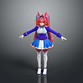 Cartoon Child With Red Hair And Fox Ears In Blue White Dress Arms Outstretched