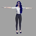 Woman in white shirt black skinny pants with long black hair arms outstretched gray background