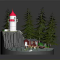 Miniature Coastal Landscape With Red White Lighthouse Rocky Cliff Wooden Cabin Pine Trees And Boat