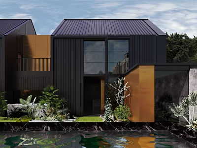 Modern Detached Villa With Dark Roof Large Windows Copper Exterior Greenery And Water Garden 3d model