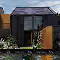 Modern Detached Villa With Dark Roof Large Windows Copper Exterior Greenery And Water Garden