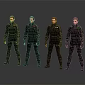Four Male Characters In Black Uniforms With Distinctive Emblems Standing Side By Side