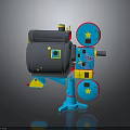 Vintage Film Projector Equipment with Blue Yellow Gray Design Star Patterns and Film Reels