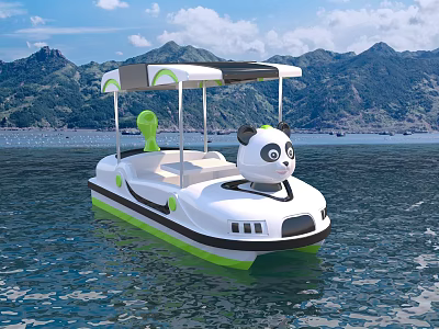 Panda Themed Pedal Boat With Canopy Floating On Calm Water Near Mountain View 3d model