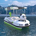 Panda Themed Pedal Boat With Canopy Floating On Calm Water Near Mountain View