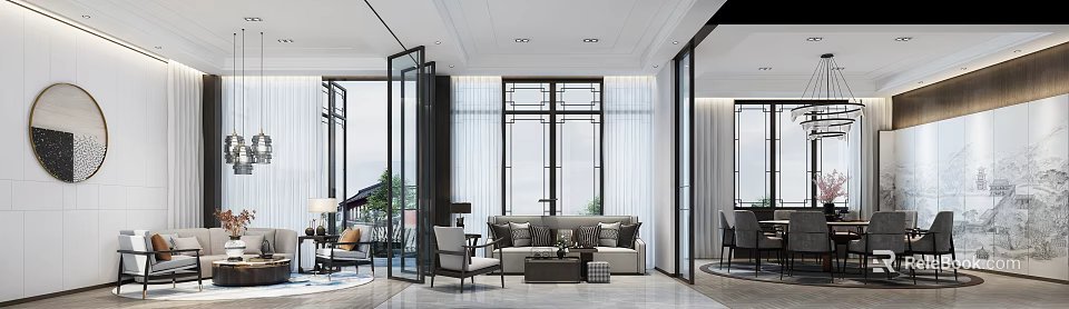 Modern Elegant Sales Office Interior With Large Windows Sofa And Coffee Table 3d model