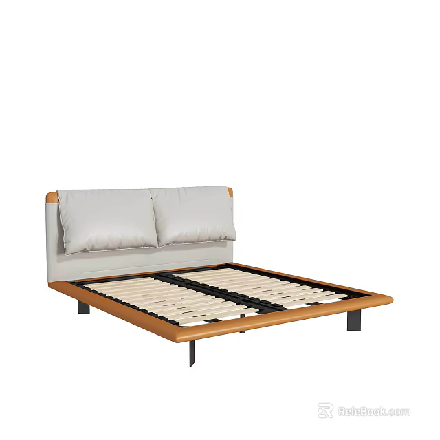 Double Bed Featuring Light Gray Headboard Wooden Frame Black Support Legs And Slat Base 3d model 