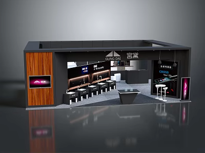 Modern Exhibition Booth Interior Design With Wooden Panels Display Counters Stools And CHRONOS Signage 3d model