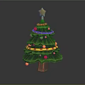 Christmas Tree with Yellow Star on Top Colorful Baubles Garlands and Green Foliage