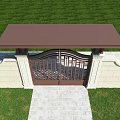 Elegant Iron Entrance Gate With Decorative Design Stone Walls And Canopy Above Stone Pathway