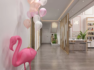 Modern Beauty Hair Salon Interior With Pink Flamingo Decor Balloons Green Plants and Tables 3d model