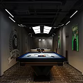 Modern Billiard Room Interior Design With Pool Tables Hanging Lights And TV Screens