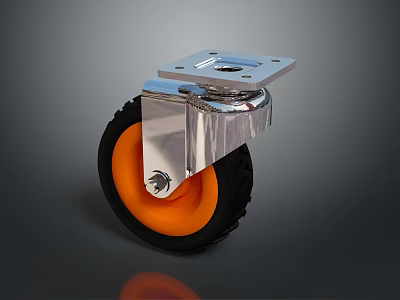Sturdy Rubber Caster Tire Featuring Orange Tread Black Outer Ring and Silver Metal Bracket 3d model