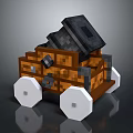 Medieval Pixelated Wooden Siege Weapon With White Wheels And Black Top Components