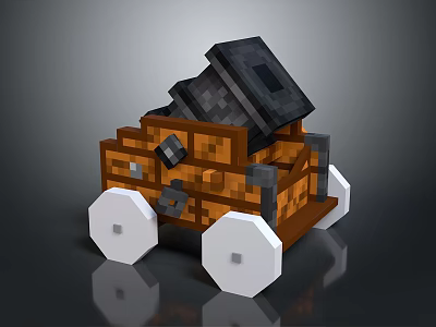 Medieval Pixelated Wooden Siege Weapon With White Wheels And Black Top Components 3d model