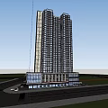 Modern High Rise Residential Building With Glass Facade Tree Surroundings And Ground Floor Shops