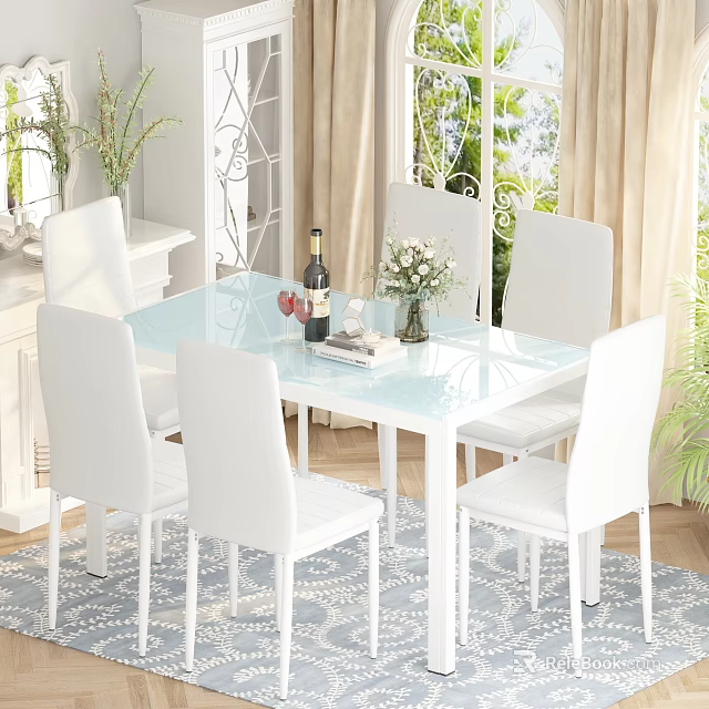 Glass Top White Dining Table Set Six Chairs Vase Wine Bottle Near Window Plants 3d model 