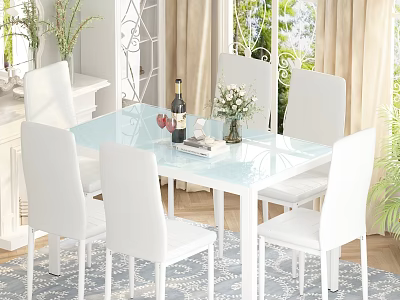 Glass Top White Dining Table Set Six Chairs Vase Wine Bottle Near Window Plants 3d model