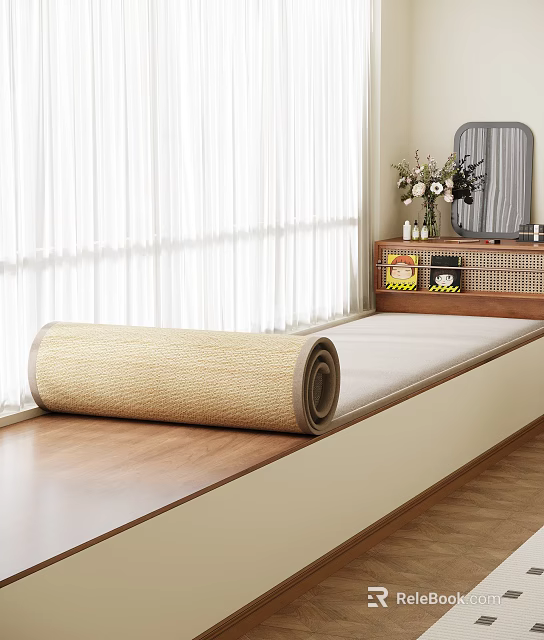 Window Area With Wooden Bench Rolled Woven Straw Rug Cabinet Mirror Vase And White Curtains 3d model 