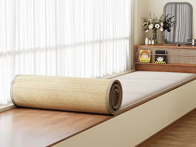 Window Area With Wooden Bench Rolled Woven Straw Rug Cabinet Mirror Vase And White Curtains 3d model