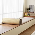 Window Area With Wooden Bench Rolled Woven Straw Rug Cabinet Mirror Vase And White Curtains