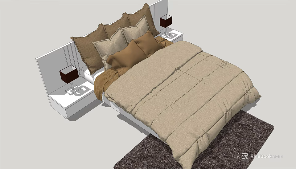 Double Bed With Beige Quilt Brown Pillows White Headboard Nightstands Dark Lamps And Rug 3d model 