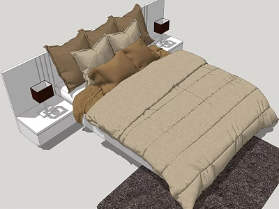 Double Bed With Beige Quilt Brown Pillows White Headboard Nightstands Dark Lamps And Rug 3d model