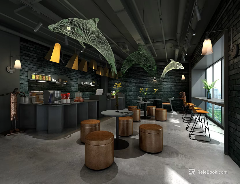 Modern Cafe Interior With Dark Brick Walls Dolphin Decorations Bar Counter Round Stools Green Plants 3d model 