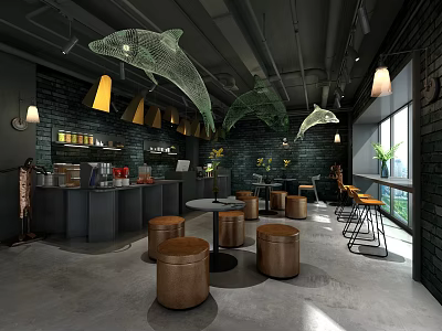 Modern Cafe Interior With Dark Brick Walls Dolphin Decorations Bar Counter Round Stools Green Plants 3d model