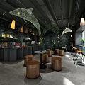 Modern Cafe Interior With Dark Brick Walls Dolphin Decorations Bar Counter Round Stools Green Plants