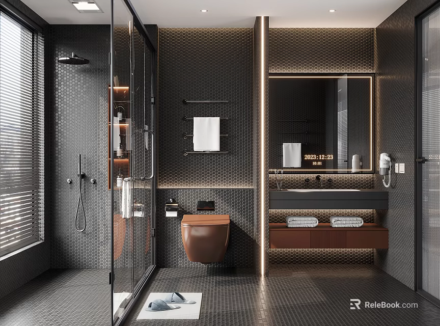 Modern Bathroom Interior Design With Shower Area Mirror Vanity And Towels 3d model 