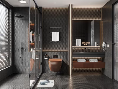 Modern Bathroom Interior Design With Shower Area Mirror Vanity And Towels 3d model
