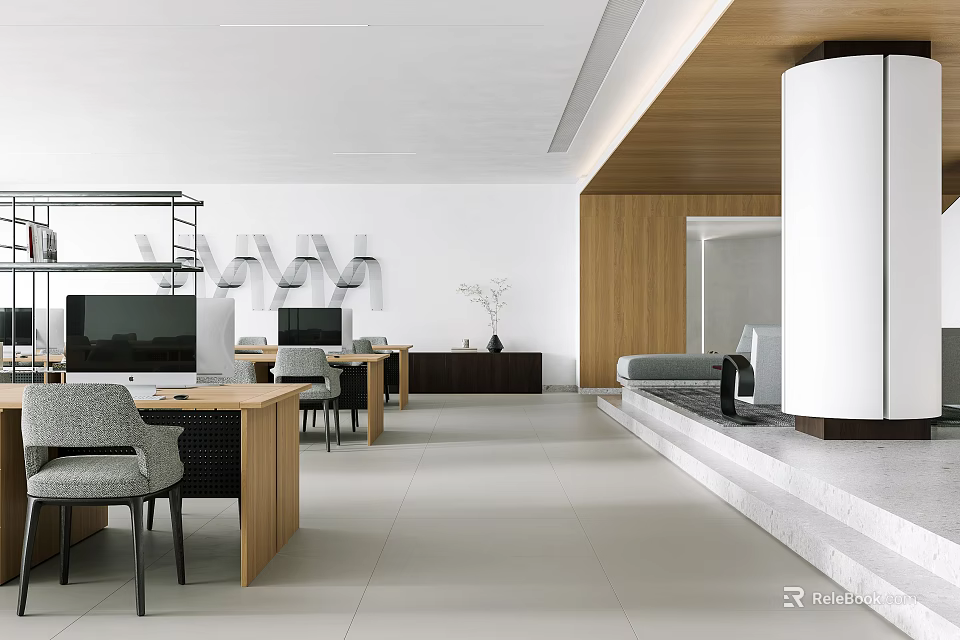 Modern Public Office Area With Wooden Desks Computers And Ergonomic Chairs 3d model 